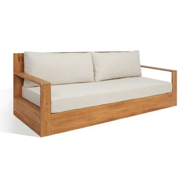 Kauai Teak Wood Patio Sofa in Natural and Beige - The Mayfair Hall