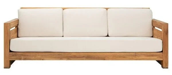 Molokai Teak Wood Patio Sofa in Natural and Beige - The Mayfair Hall