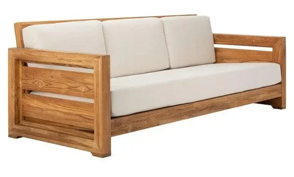 Molokai Teak Wood Patio Sofa in Natural and Beige - The Mayfair Hall