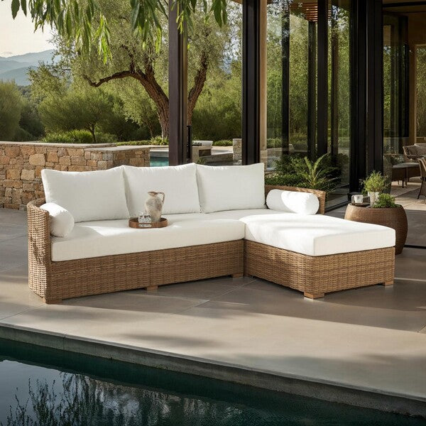 Anguilla Wicker Outdoor Chaise Sectional in Natural with White Cushion
