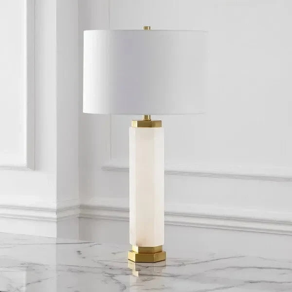 Lynsey Alabaster Table Lamp in White with Gold Metal Details - The Mayfair Hall