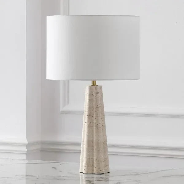 Naveen Travertine Table Lamp in White with Linen Shade - The Mayfair Hall