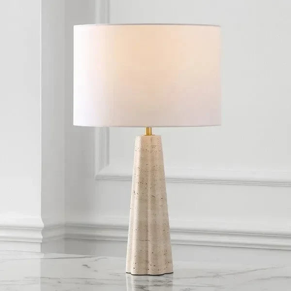 Naveen Travertine Table Lamp in White with Linen Shade - The Mayfair Hall