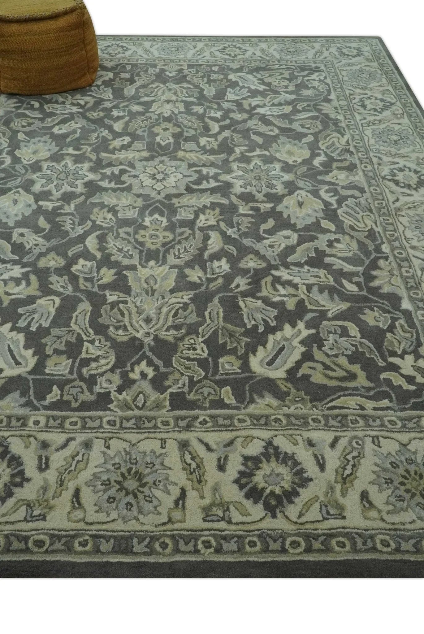 Custom Made Antique Design Charcoal and Beige Traditional Floral Hand Tufted rug - The Rug Decor