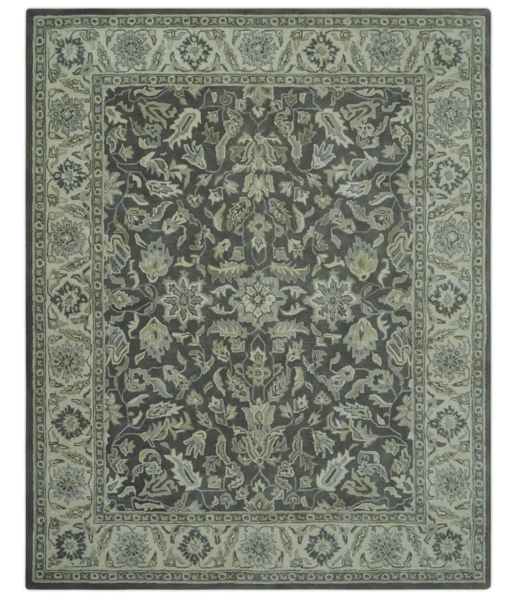 Custom Made Antique Design Charcoal and Beige Traditional Floral Hand Tufted rug