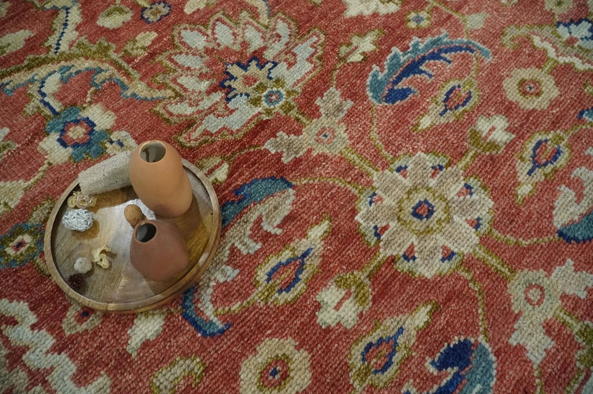 Custom Made Antique Floral Style Rust, Teal, Ivory and Olive Hand Knotted Oriental Oushak Wool Area Rug - The Rug Decor