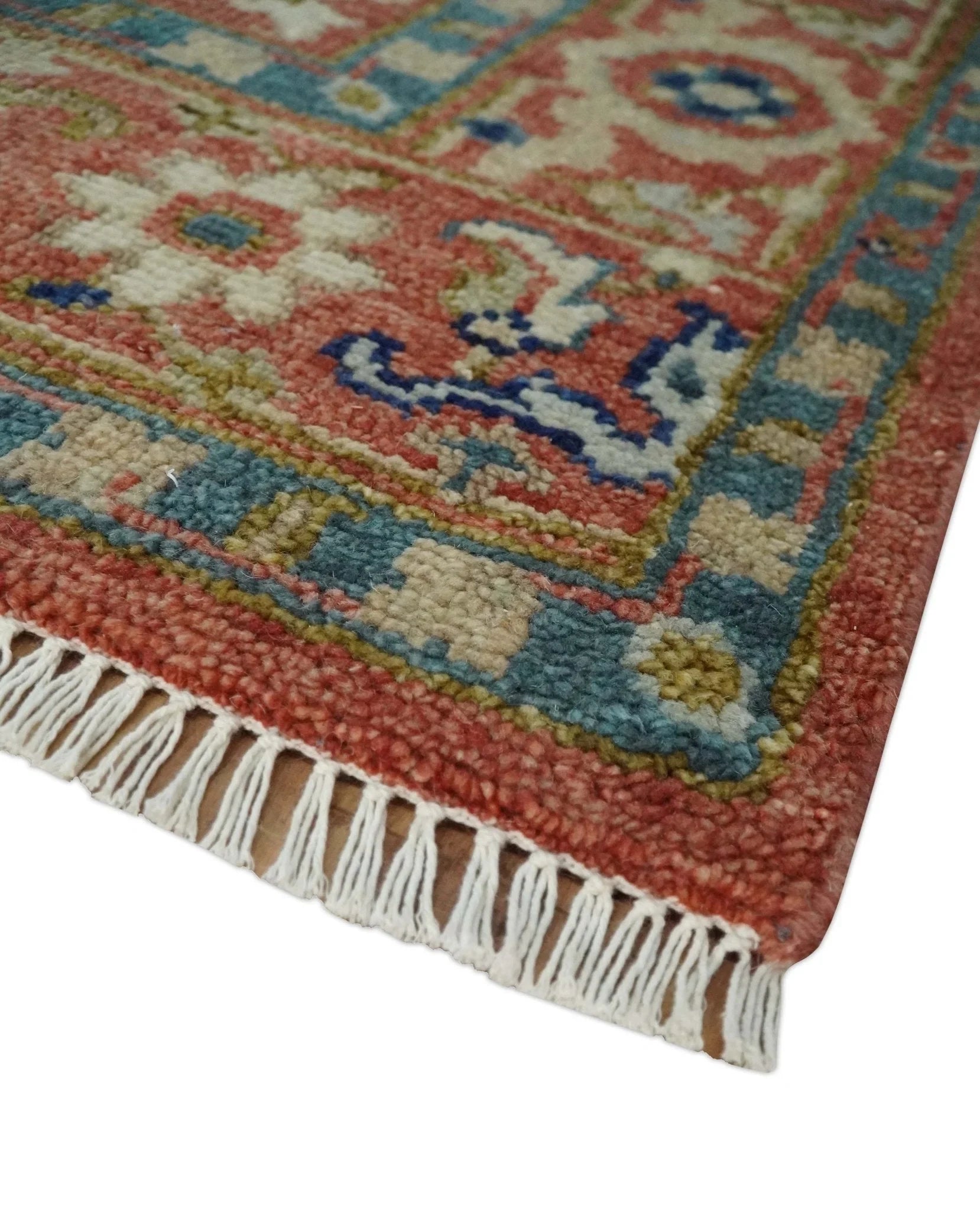 Custom Made Antique Floral Style Rust, Teal, Ivory and Olive Hand Knotted Oriental Oushak Wool Area Rug - The Rug Decor