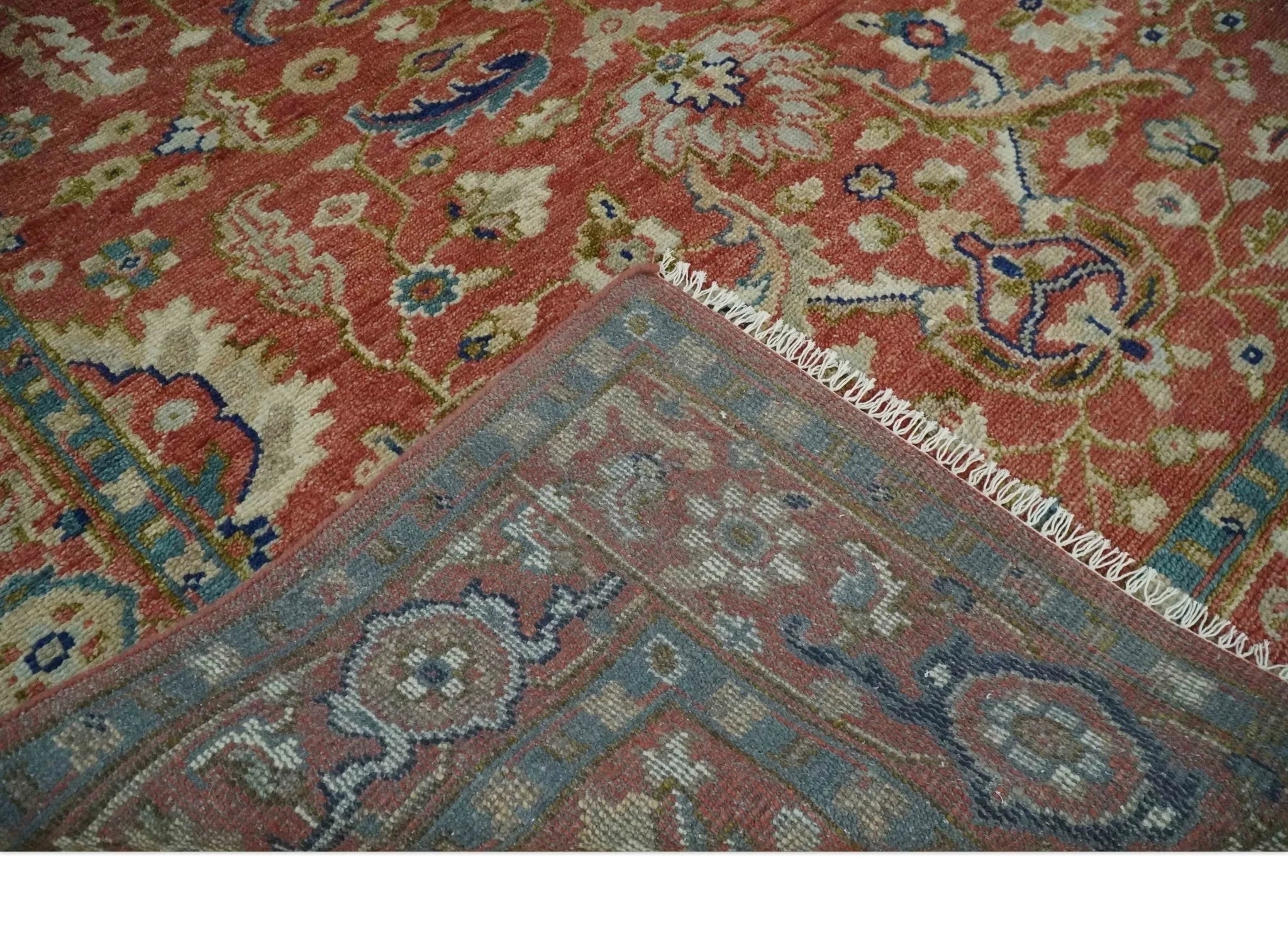 Custom Made Antique Floral Style Rust, Teal, Ivory and Olive Hand Knotted Oriental Oushak Wool Area Rug - The Rug Decor