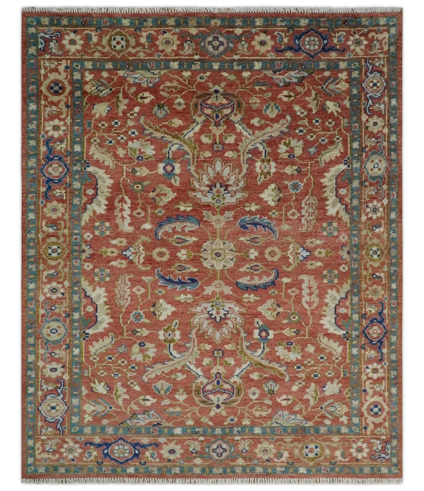 Custom Made Antique Floral Style Rust, Teal, Ivory and Olive Hand Knotted Oriental Oushak Wool Area Rug - The Rug Decor