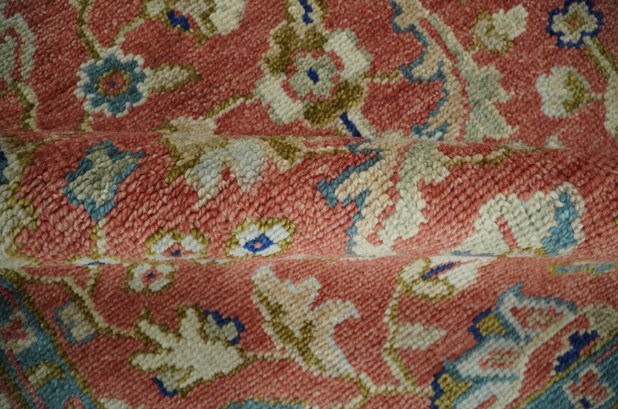 Custom Made Antique Floral Style Rust, Teal, Ivory and Olive Hand Knotted Oriental Oushak Wool Area Rug - The Rug Decor