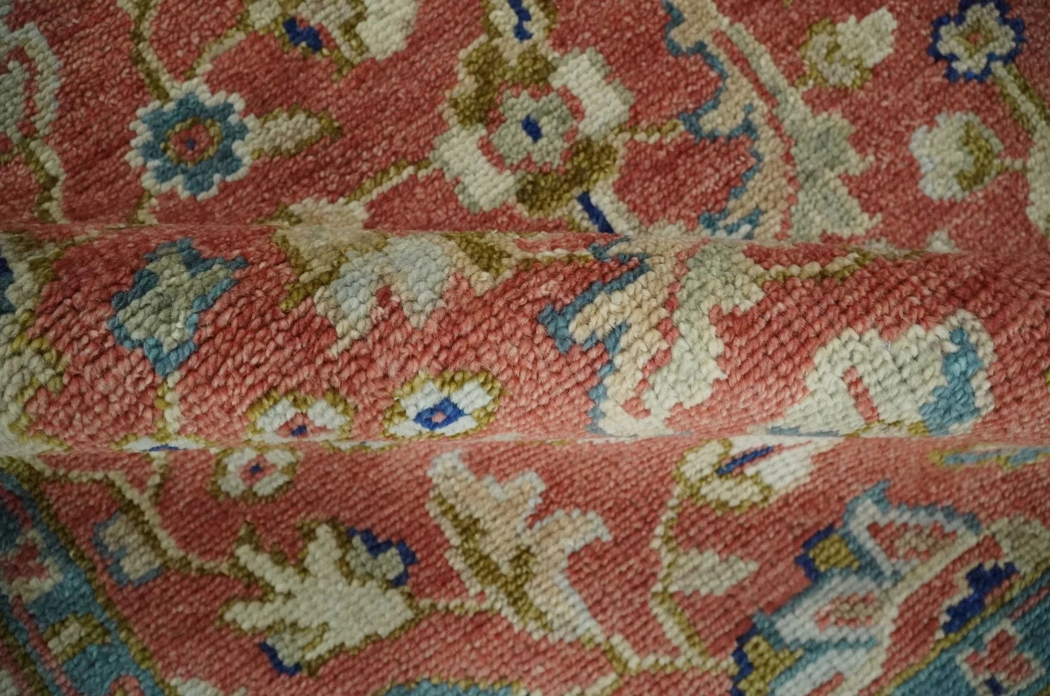 Custom Made Antique Floral Style Rust, Teal, Ivory and Olive Hand Knotted Oriental Oushak Wool Area Rug - The Rug Decor