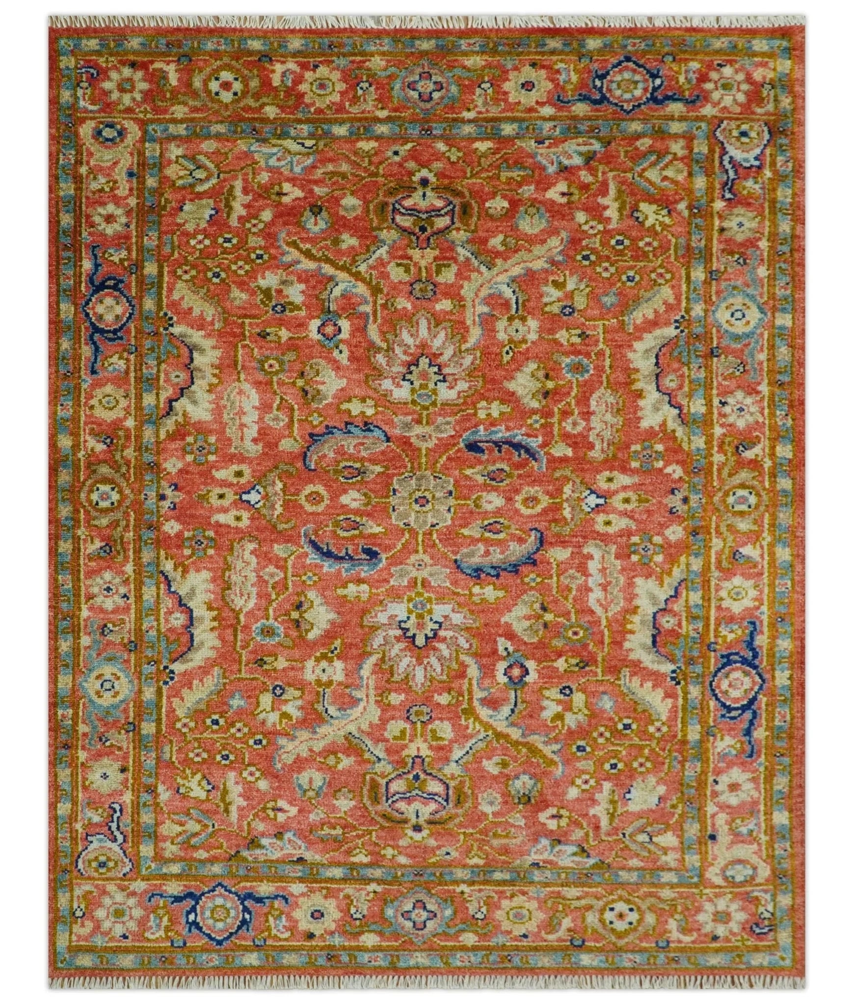 Custom Made Antique Floral Style Rust, Teal, Ivory and Olive Hand Knotted Oriental Oushak Wool Area Rug - The Rug Decor