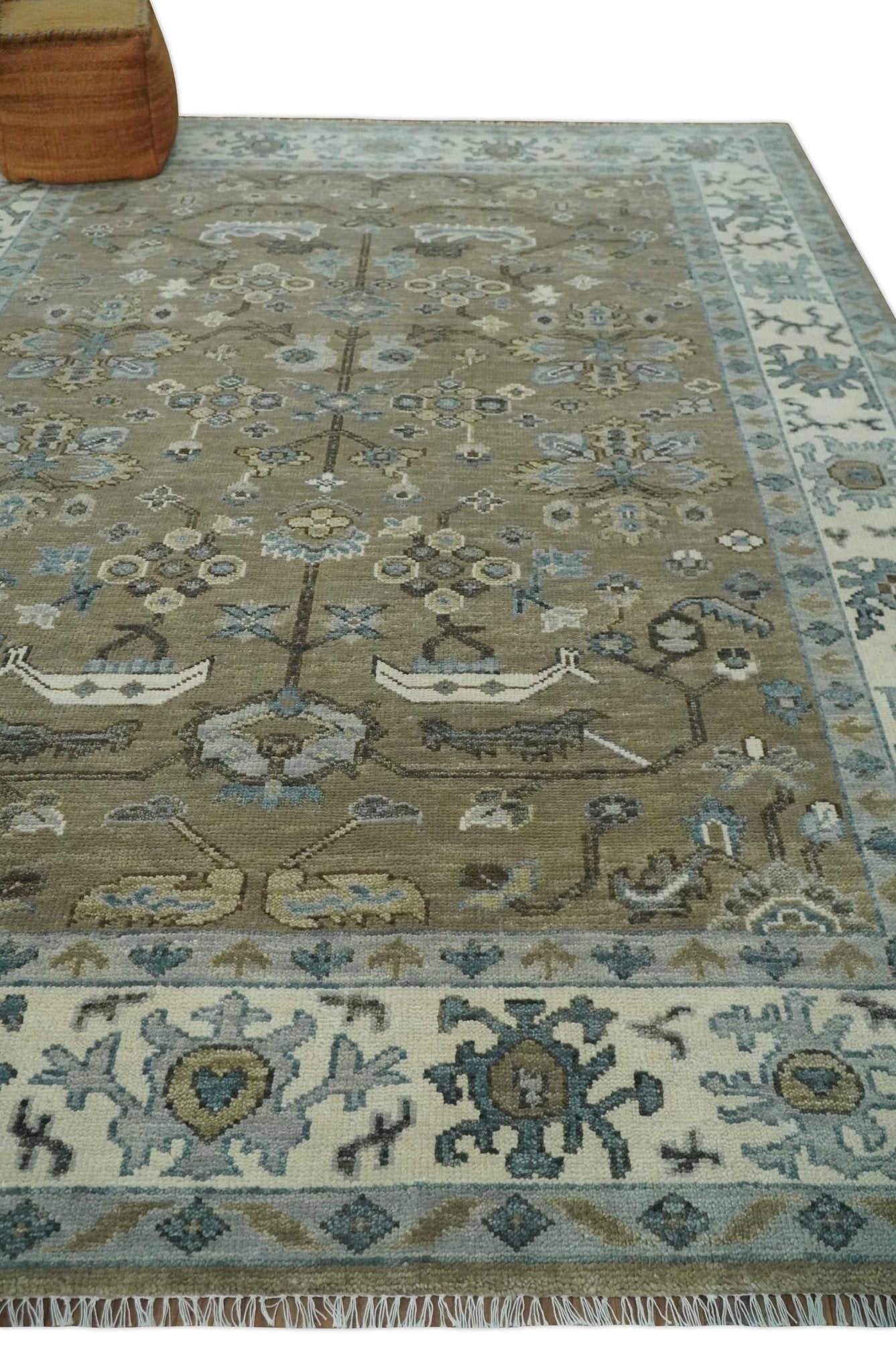 Custom Made Antique look Hand Knotted Beige, Ivory and Silver Oriental Oushak Multi Size Traditional Wool Area Rug