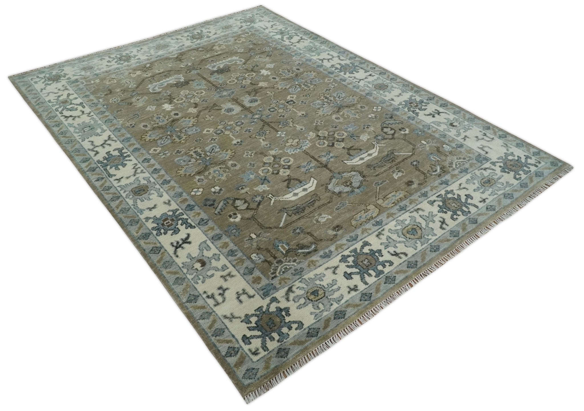 Custom Made Antique look Hand Knotted Beige, Ivory and Silver Oriental Oushak Multi Size Traditional Wool Area Rug