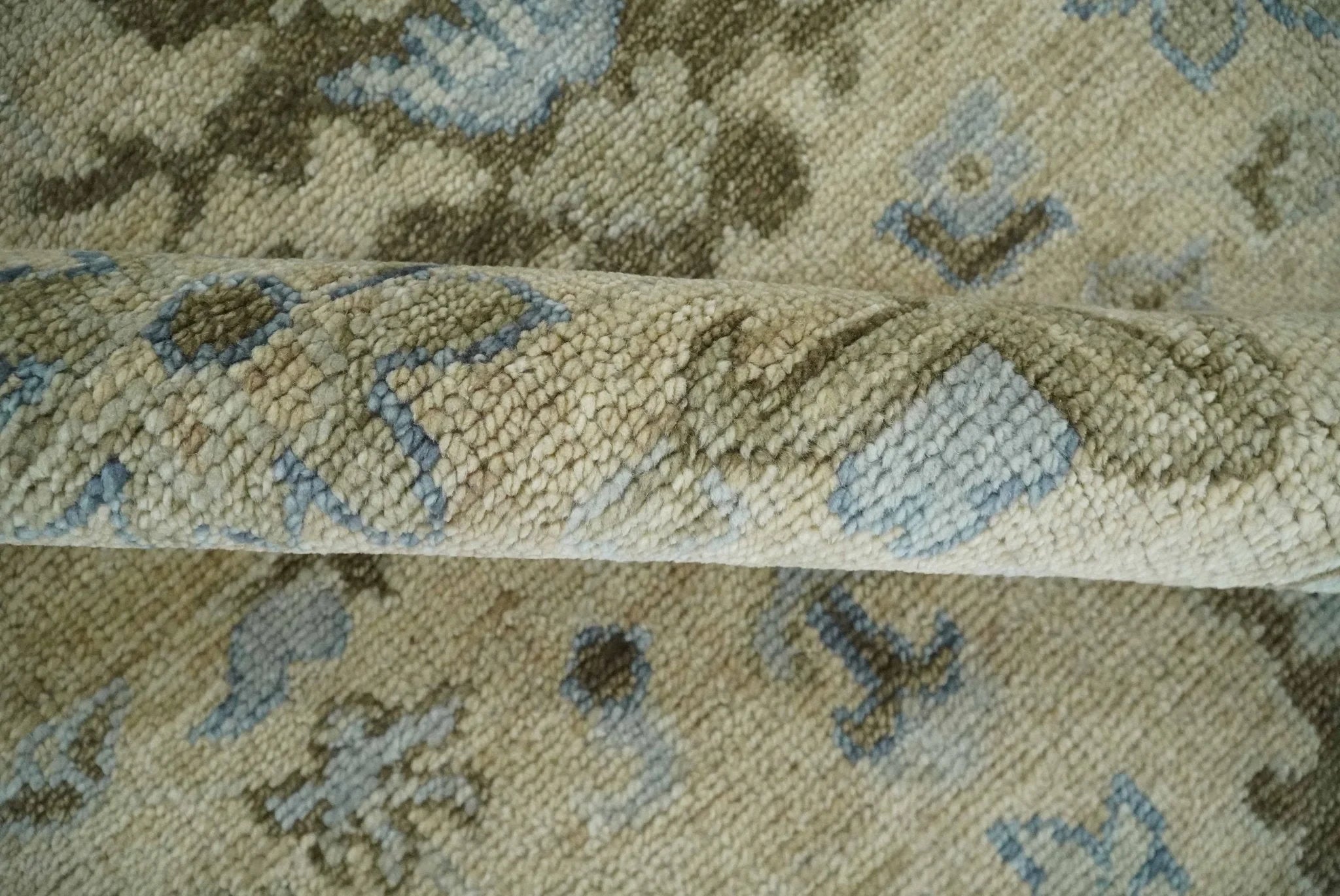 Custom Made Antique Style Beige and Blue Hand knotted Oushak wool Area Rug - The Rug Decor