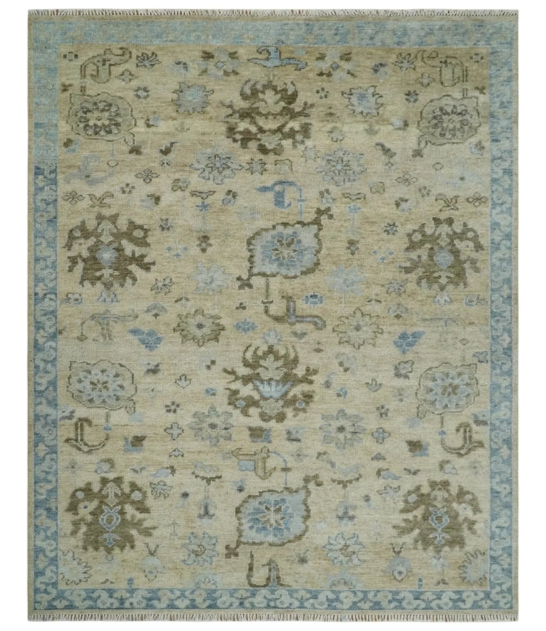 Custom Made Antique Style Beige and Blue Hand knotted Oushak wool Area Rug - The Rug Decor