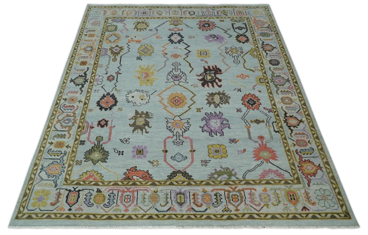 Custom Made Aqua and Green Hand knotted Traditional Oushak wool area Rug