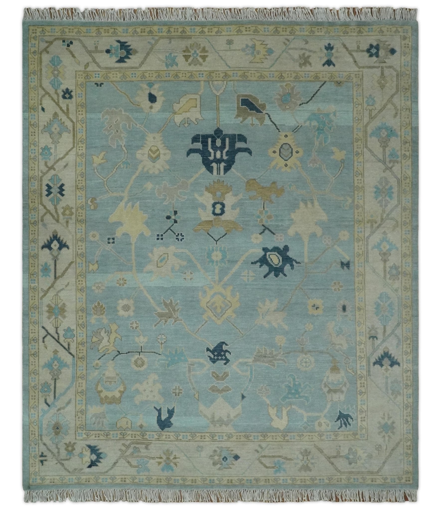 Custom Made Aqua, Ivory and Beige Hand knotted Oriental Oushak wool Area Rug - The Rug Decor