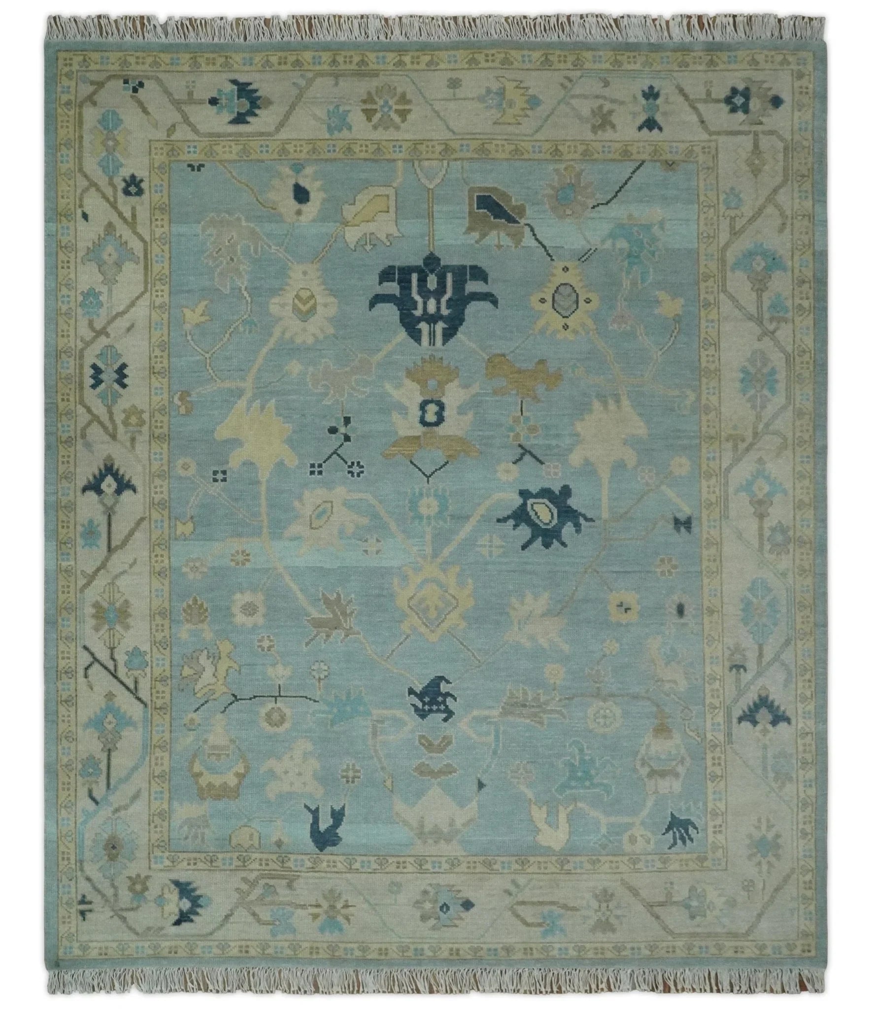 Custom Made Aqua, Ivory and Beige Hand knotted Oriental Oushak wool Area Rug - The Rug Decor