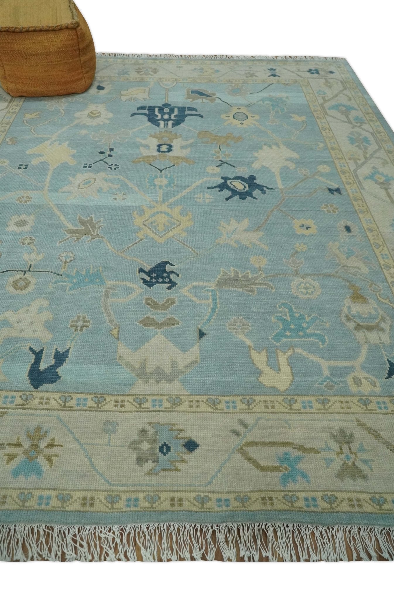 Custom Made Aqua, Ivory and Beige Hand knotted Oriental Oushak wool Area Rug - The Rug Decor