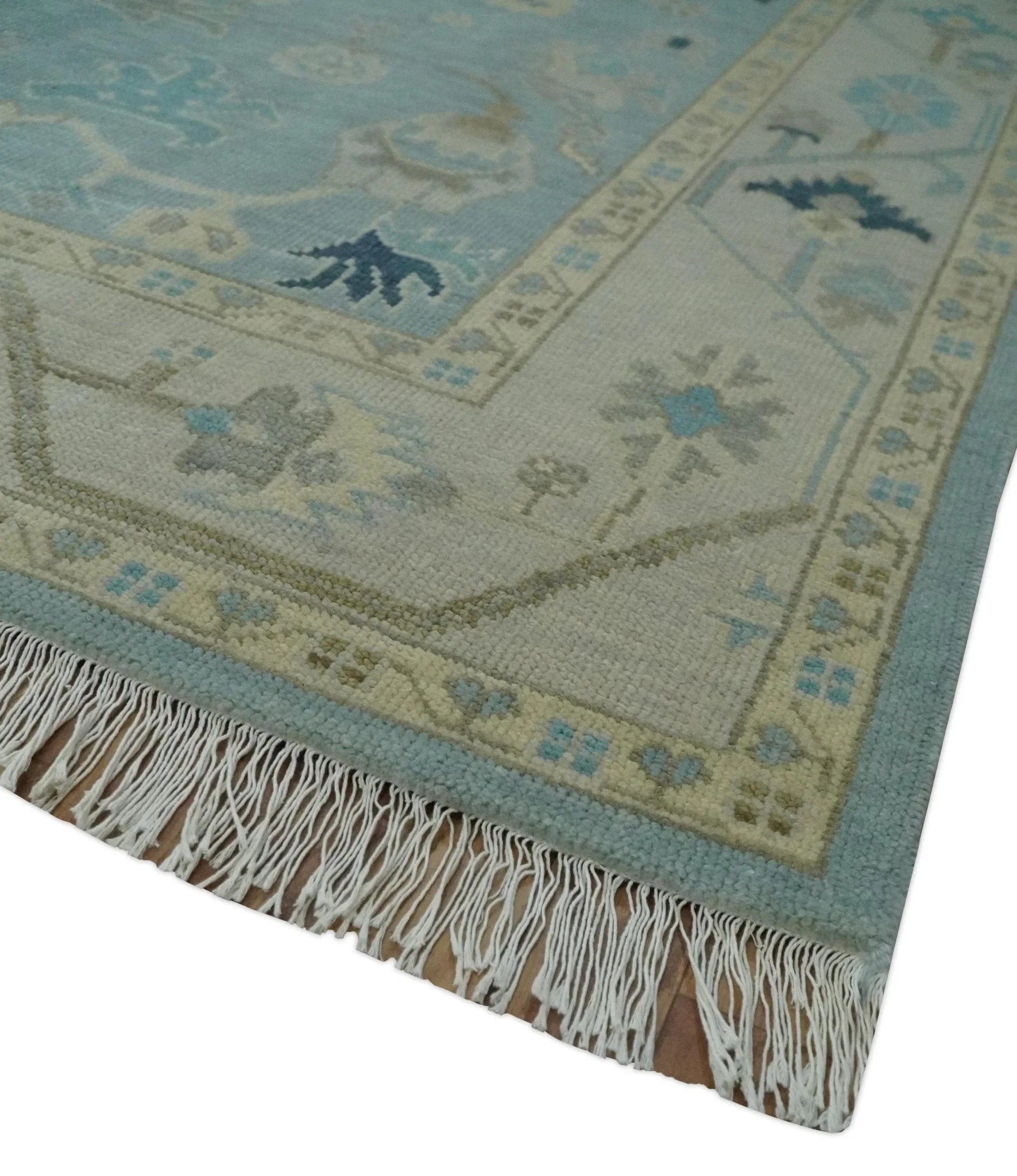 Custom Made Aqua, Ivory and Beige Hand knotted Oriental Oushak wool Area Rug - The Rug Decor