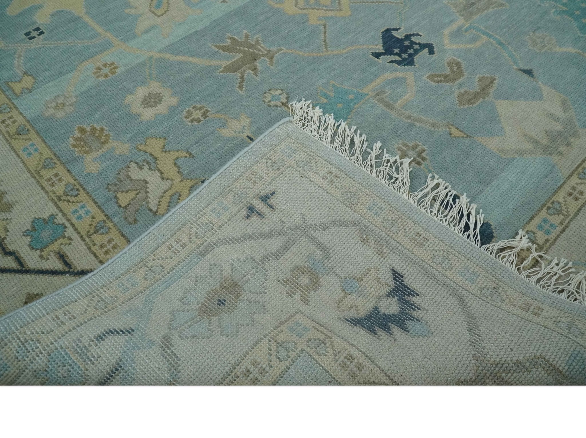 Custom Made Aqua, Ivory and Beige Hand knotted Oriental Oushak wool Area Rug - The Rug Decor