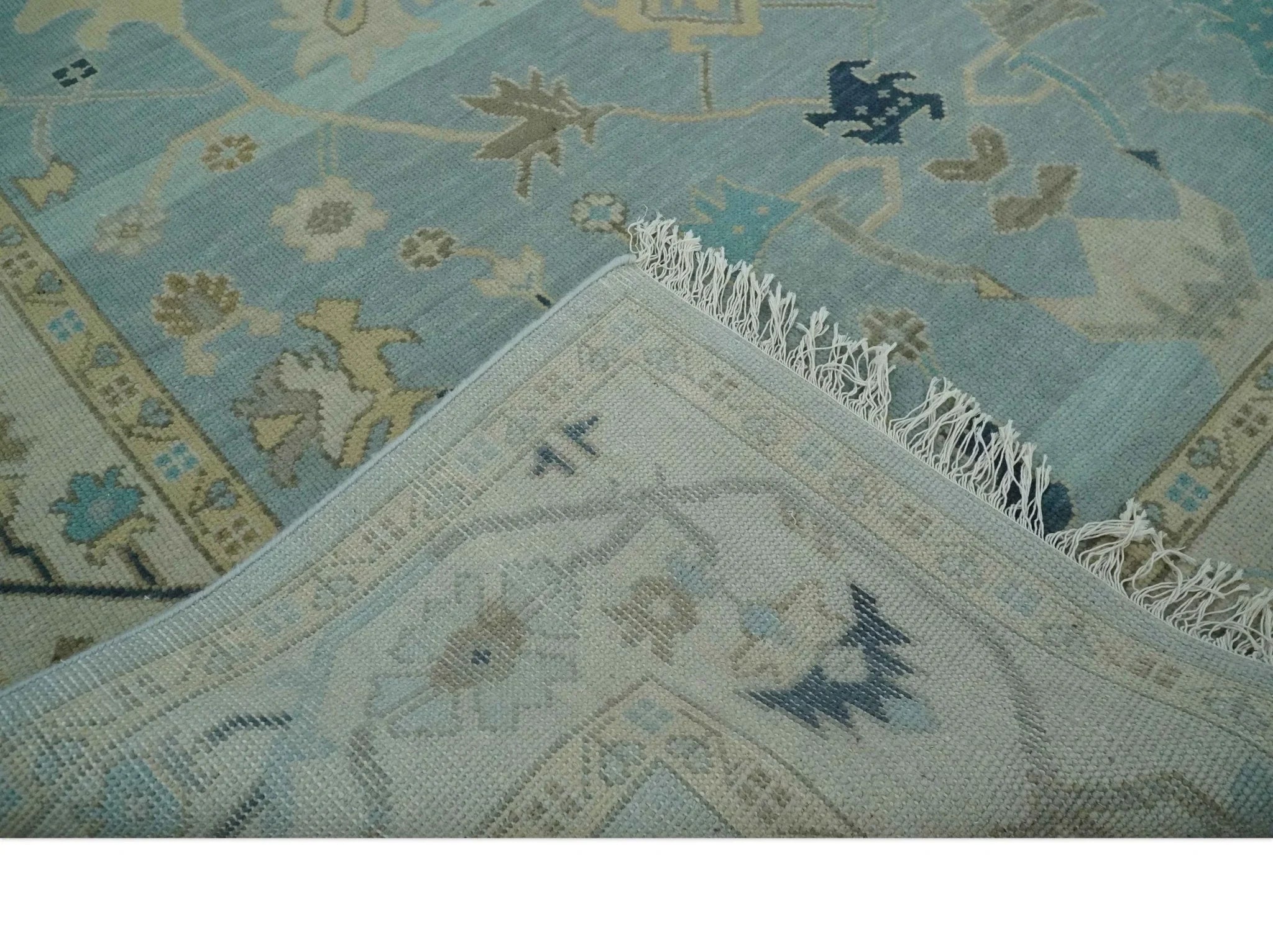 Custom Made Aqua, Ivory and Beige Hand knotted Oriental Oushak wool Area Rug - The Rug Decor