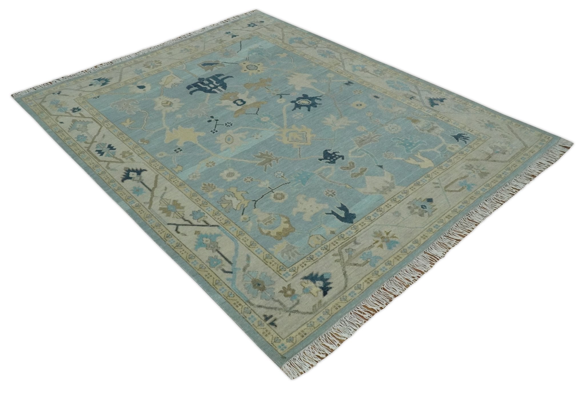 Custom Made Aqua, Ivory and Beige Hand knotted Oriental Oushak wool Area Rug - The Rug Decor