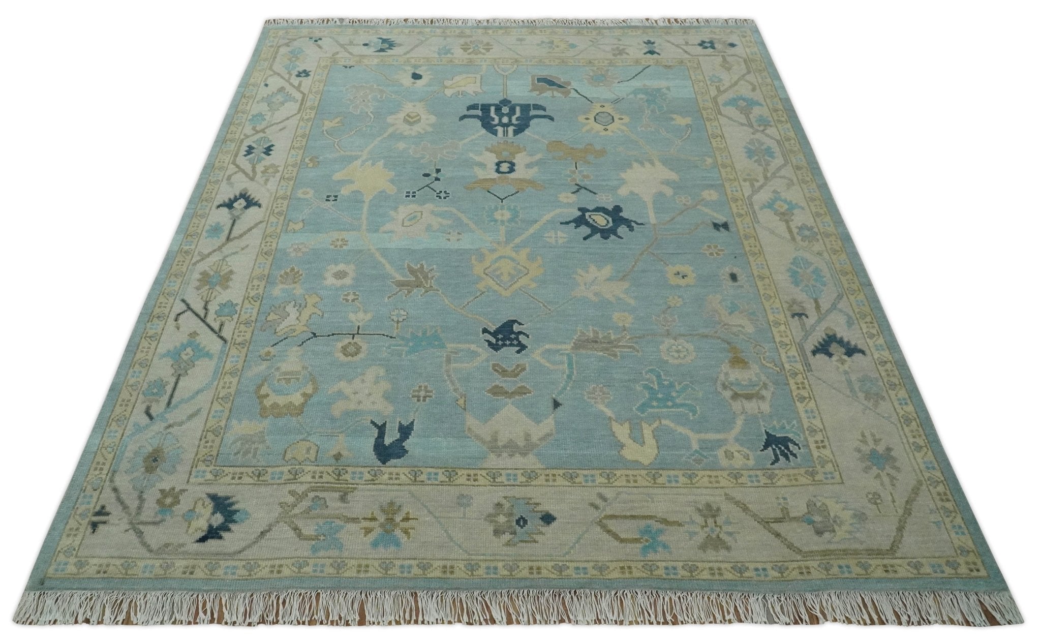 Custom Made Aqua, Ivory and Beige Hand knotted Oriental Oushak wool Area Rug - The Rug Decor