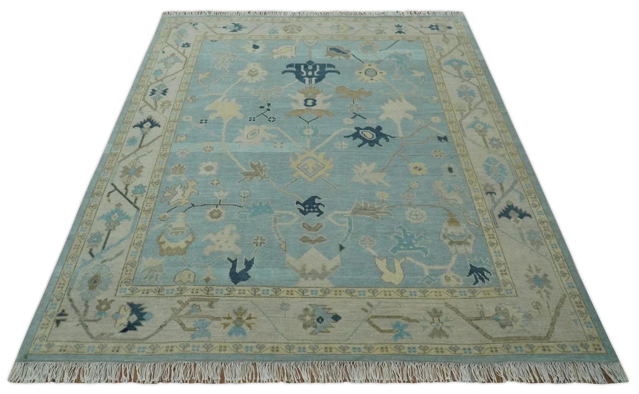 Custom Made Aqua, Ivory and Beige Hand knotted Oriental Oushak wool Area Rug - The Rug Decor