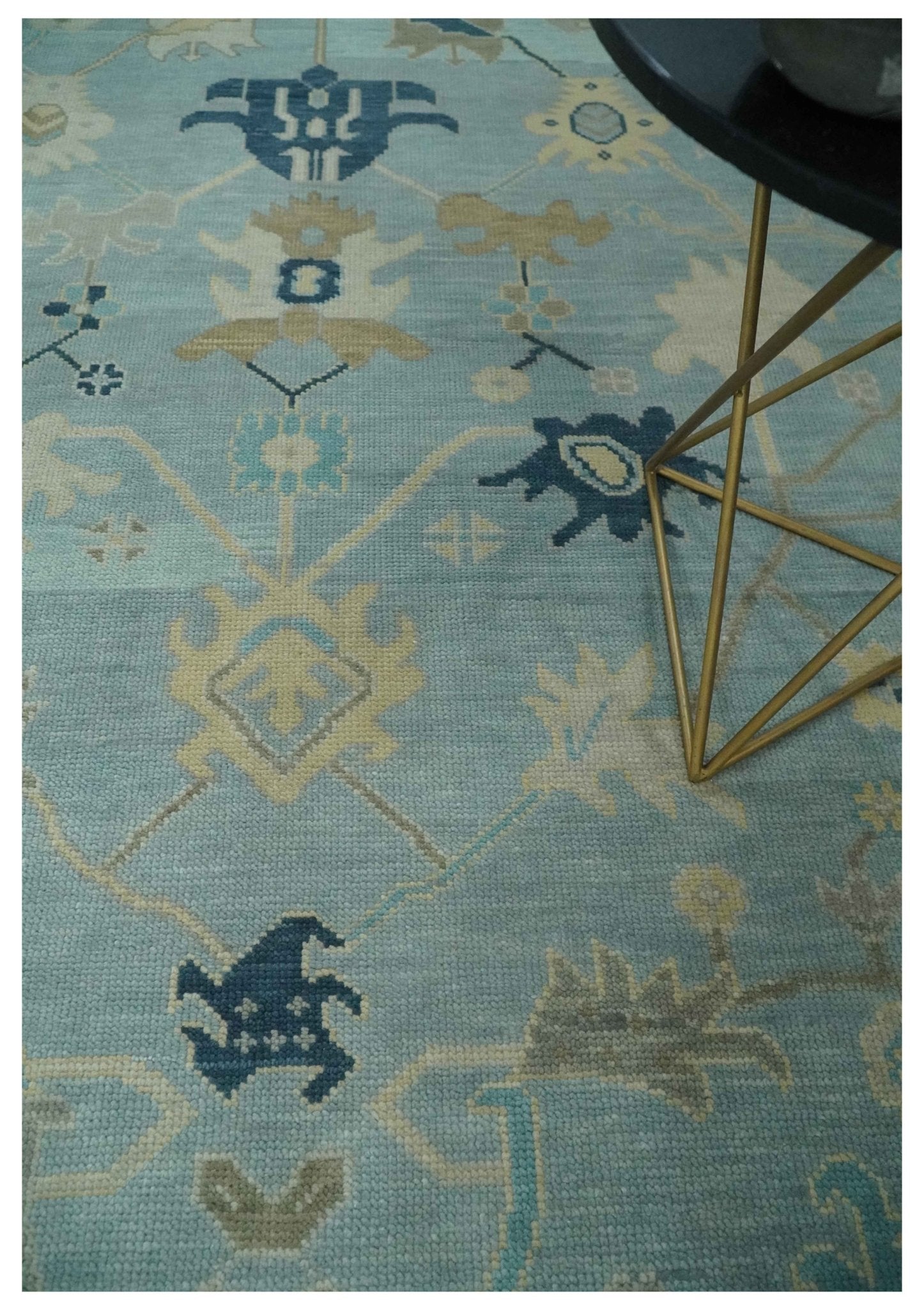 Custom Made Aqua, Ivory and Beige Hand knotted Oriental Oushak wool Area Rug - The Rug Decor
