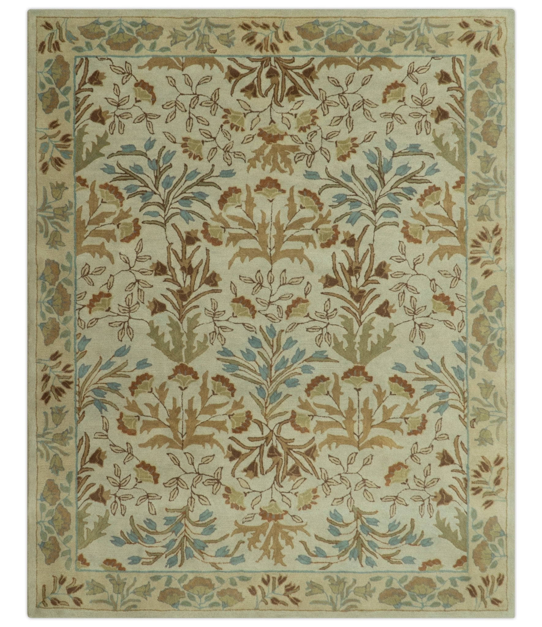Custom Made Beige And Brown Traditional Floral Design Hand Tufted Wool Area Rug - The Rug Decor