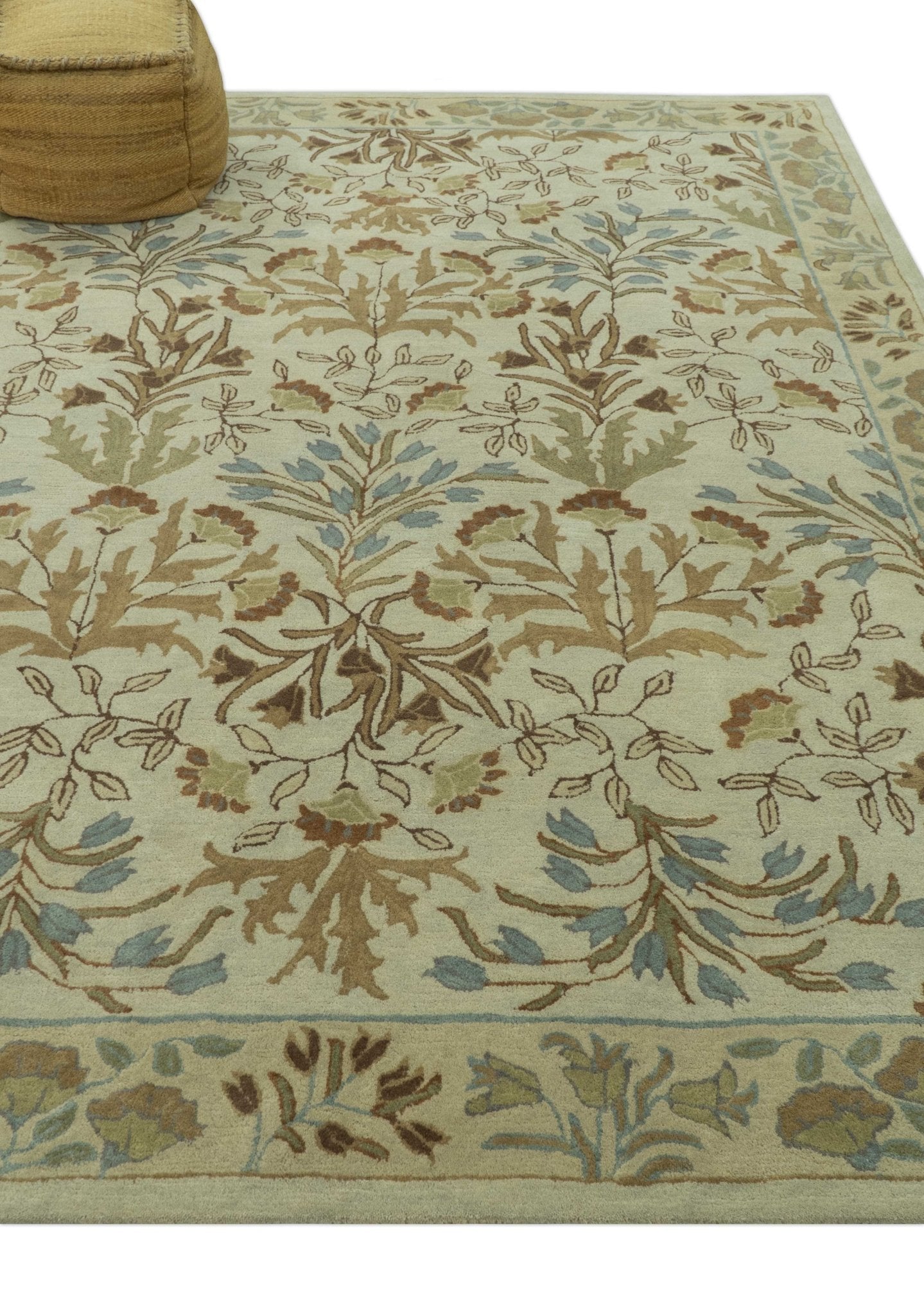 Custom Made Beige And Brown Traditional Floral Design Hand Tufted Wool Area Rug - The Rug Decor