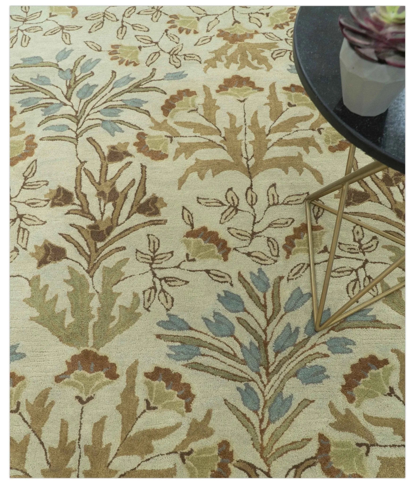 Custom Made Beige And Brown Traditional Floral Design Hand Tufted Wool Area Rug - The Mayfair Hall