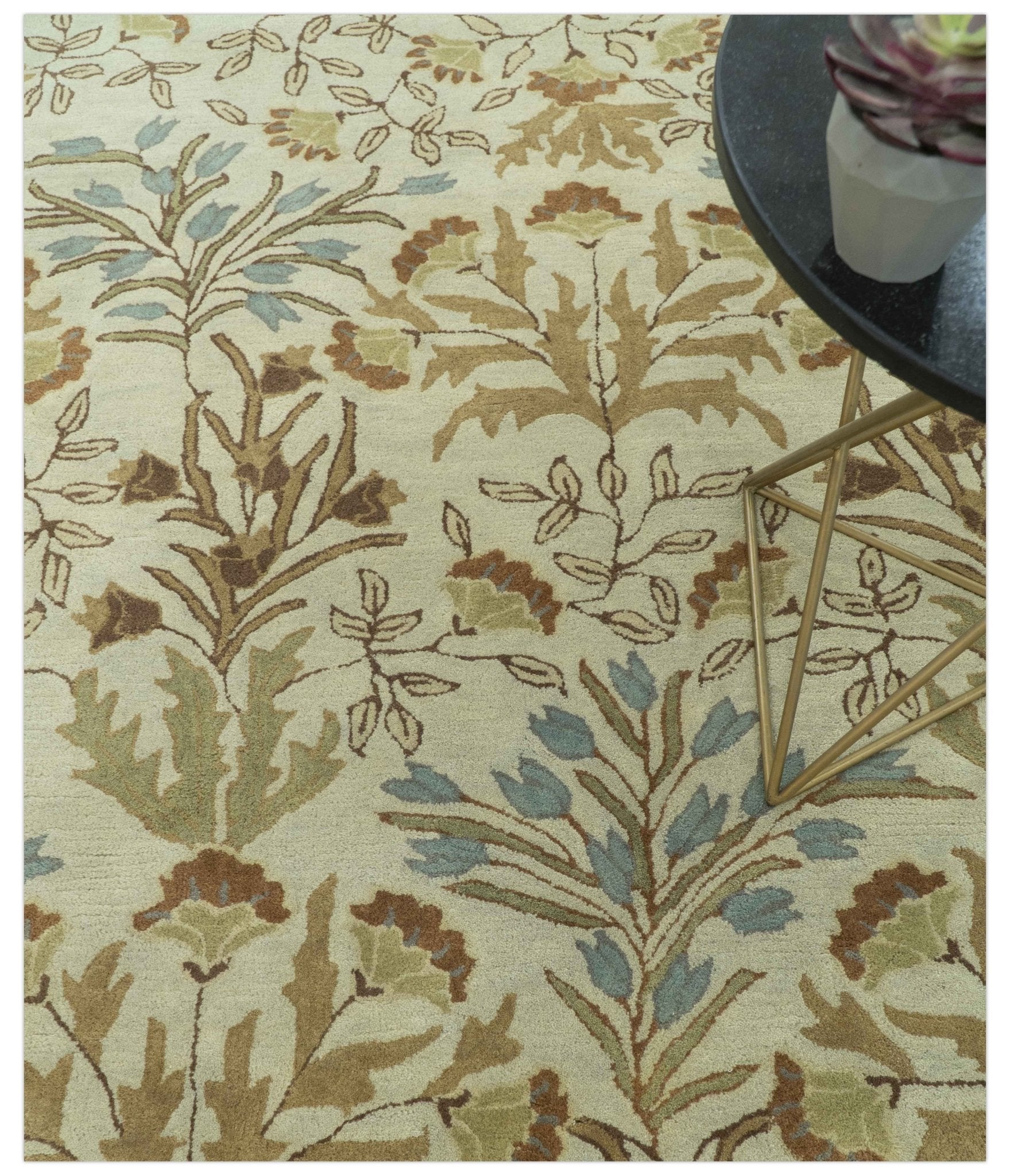 Custom Made Beige And Brown Traditional Floral Design Hand Tufted Wool Area Rug - The Rug Decor