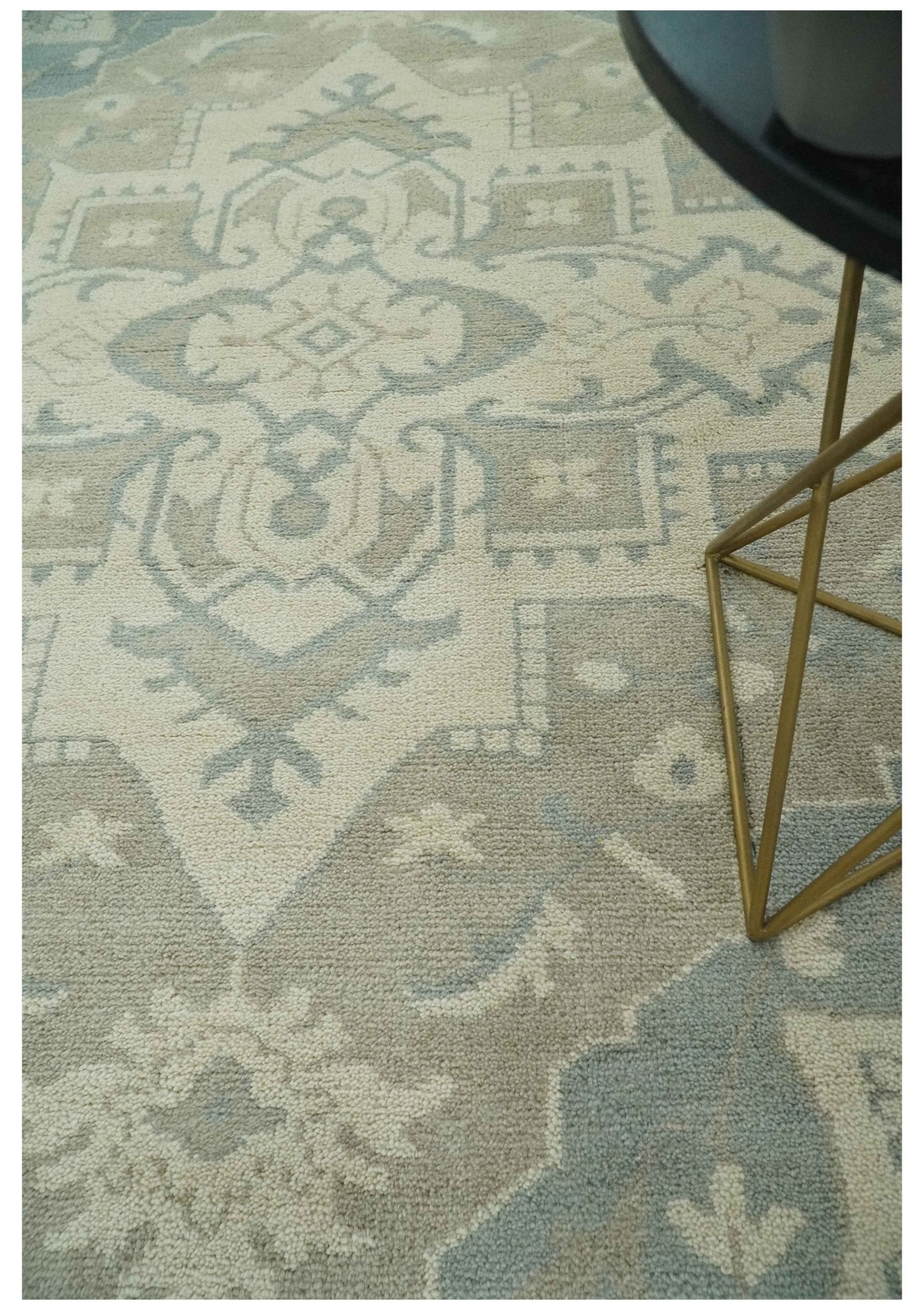 Custom Made Beige and Charcoal Traditional Heriz Medallion Hand Knotted wool Area Rug - The Rug Decor