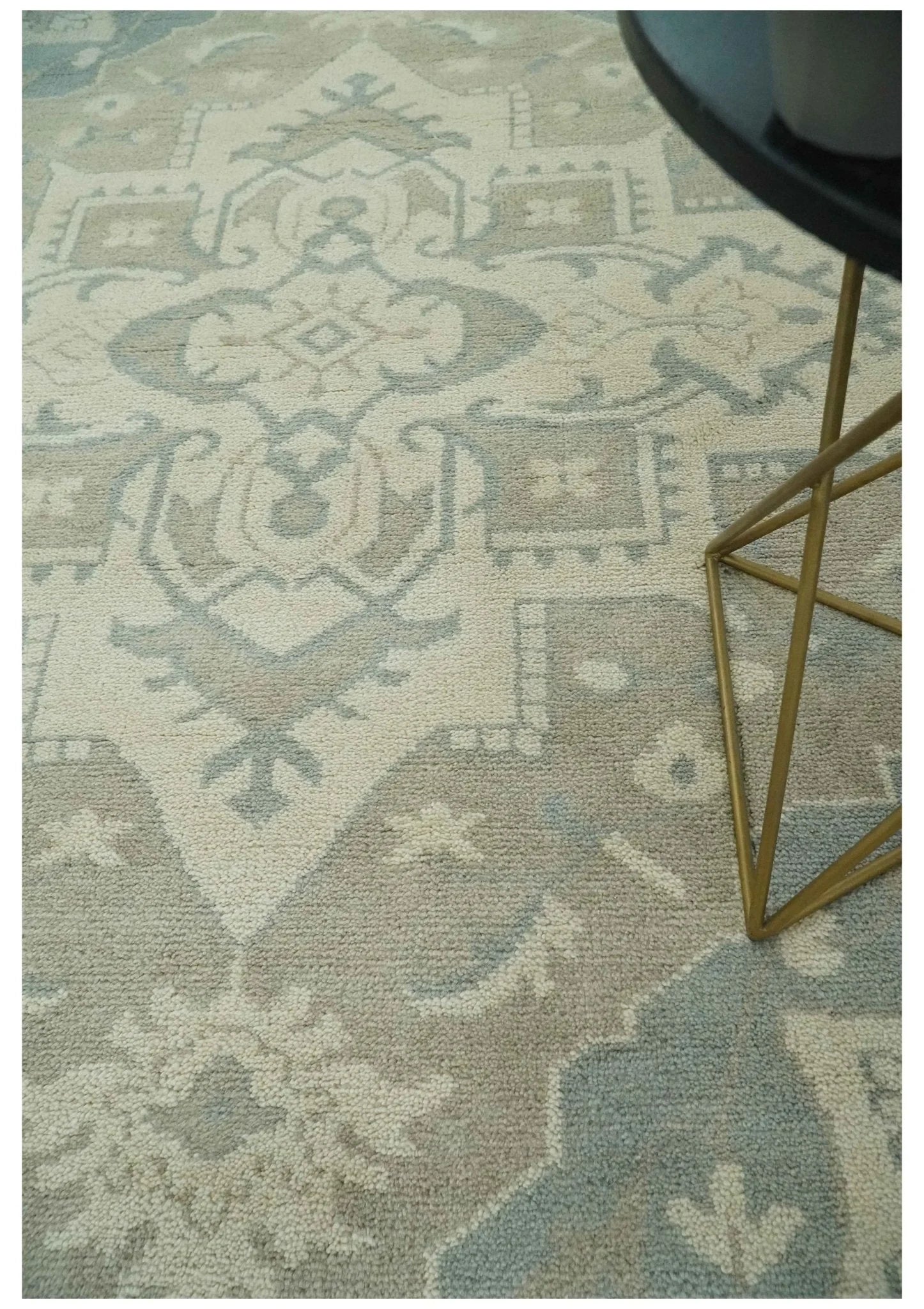 Custom Made Beige and Charcoal Traditional Heriz Medallion Hand Knotted wool Area Rug - The Rug Decor