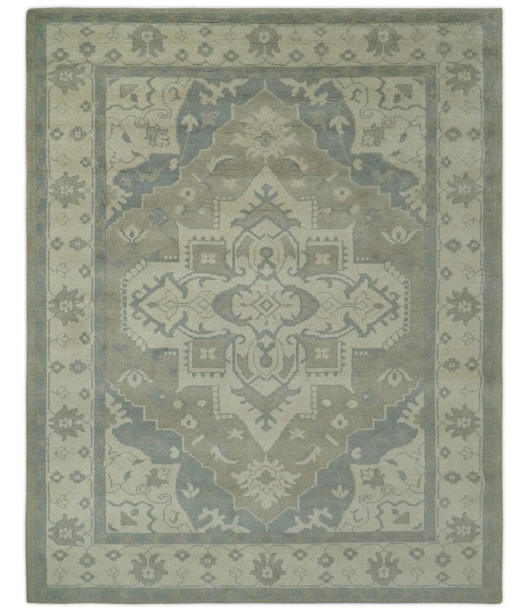 Custom Made Beige and Charcoal Traditional Heriz Medallion Hand Knotted wool Area Rug - The Rug Decor