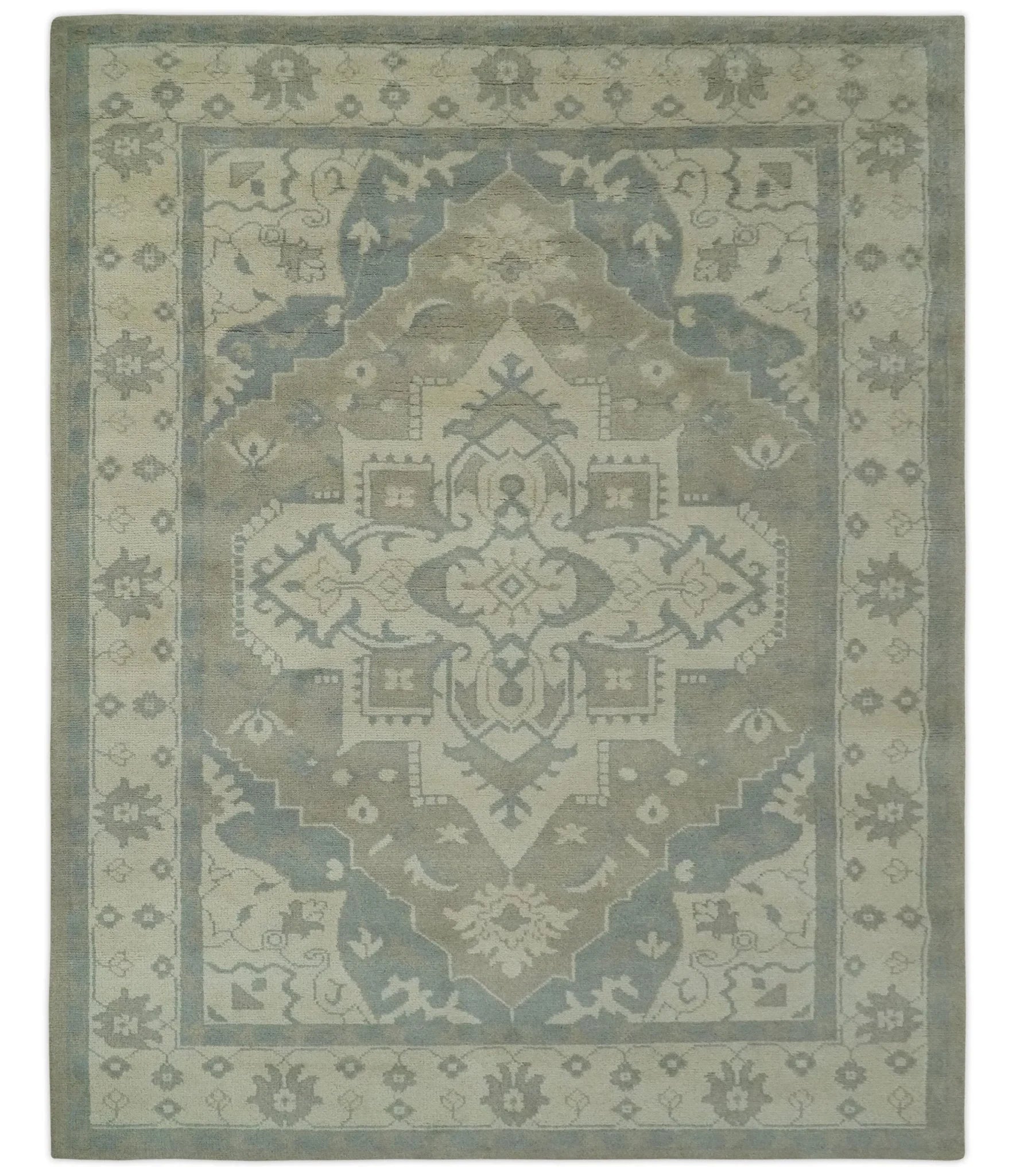 Custom Made Beige and Charcoal Traditional Heriz Medallion Hand Knotted wool Area Rug - The Rug Decor