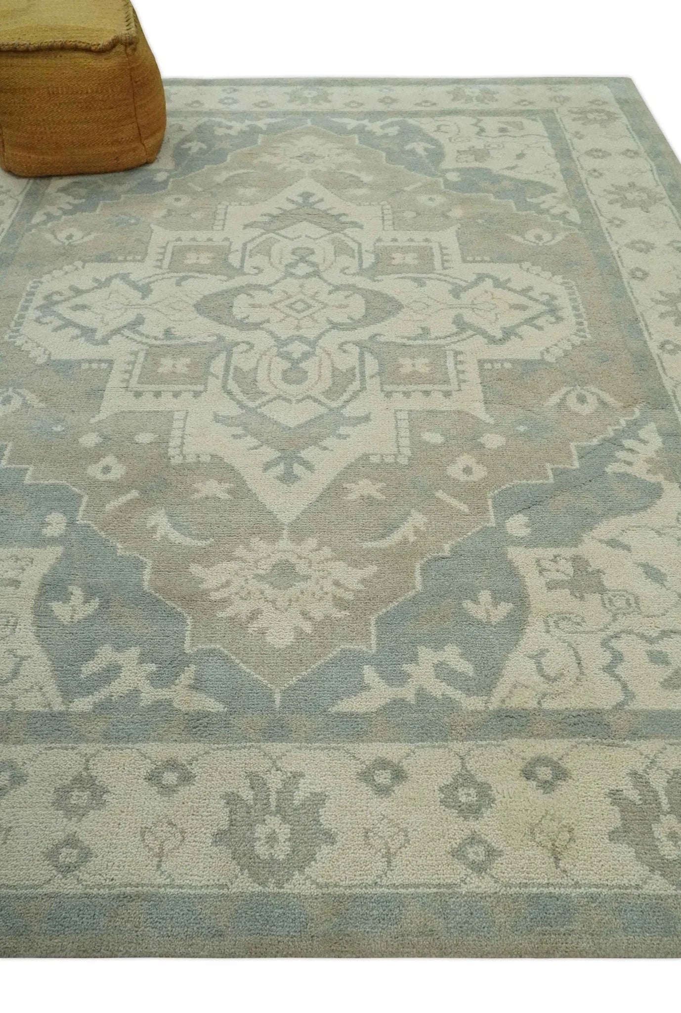 Custom Made Beige and Charcoal Traditional Heriz Medallion Hand Knotted wool Area Rug - The Rug Decor