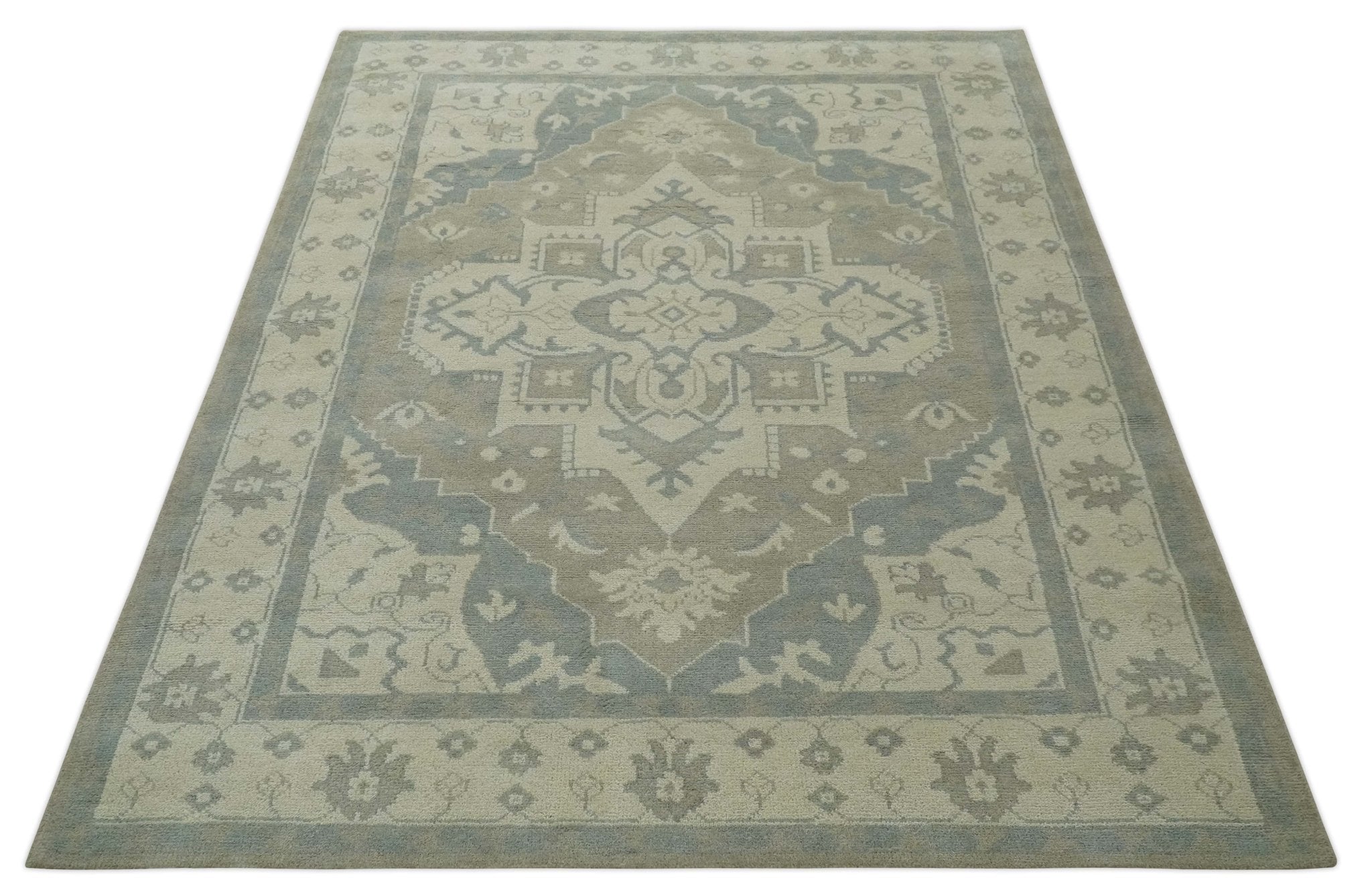 Custom Made Beige and Charcoal Traditional Heriz Medallion Hand Knotted wool Area Rug - The Rug Decor