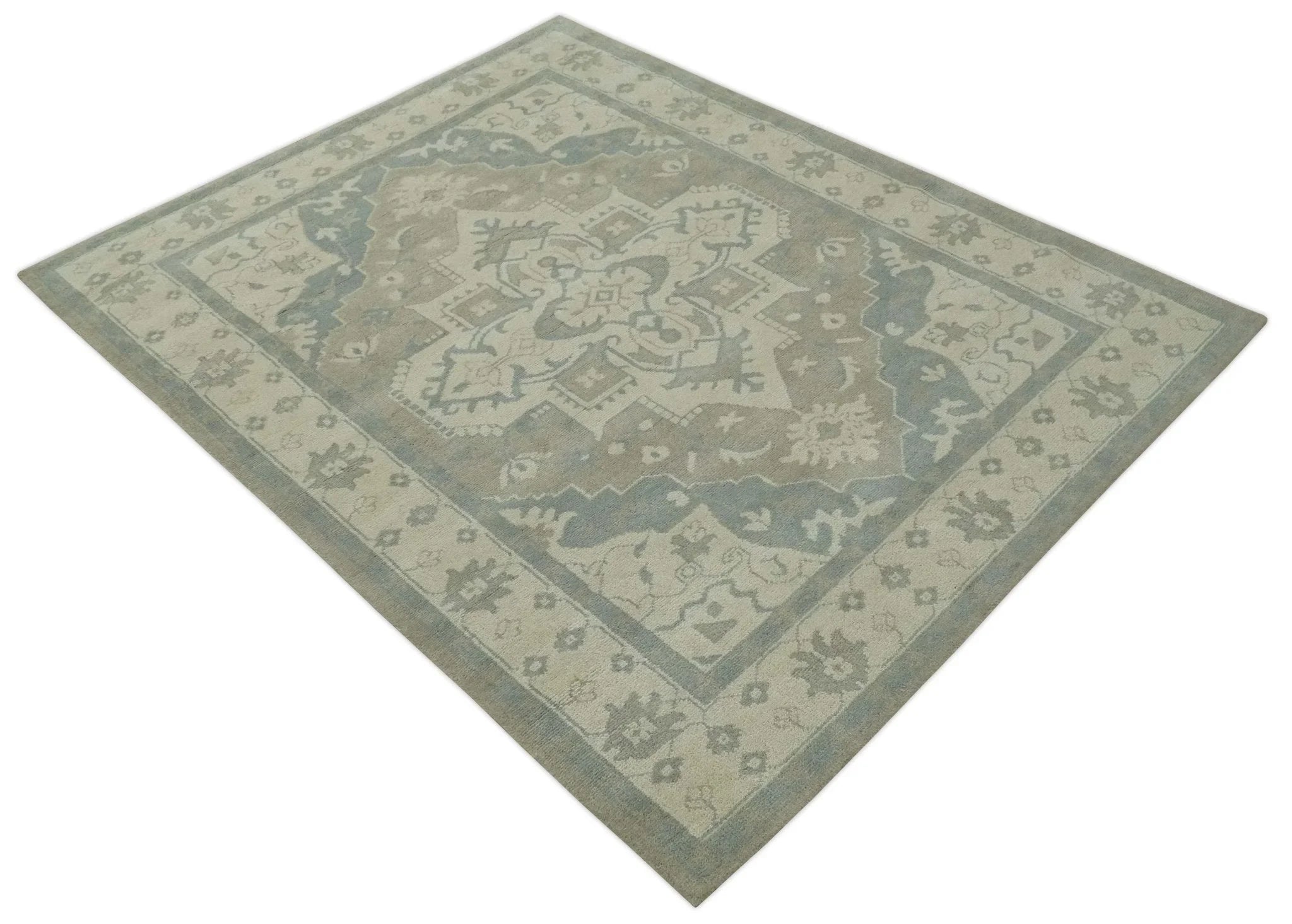 Custom Made Beige and Charcoal Traditional Heriz Medallion Hand Knotted wool Area Rug - The Rug Decor