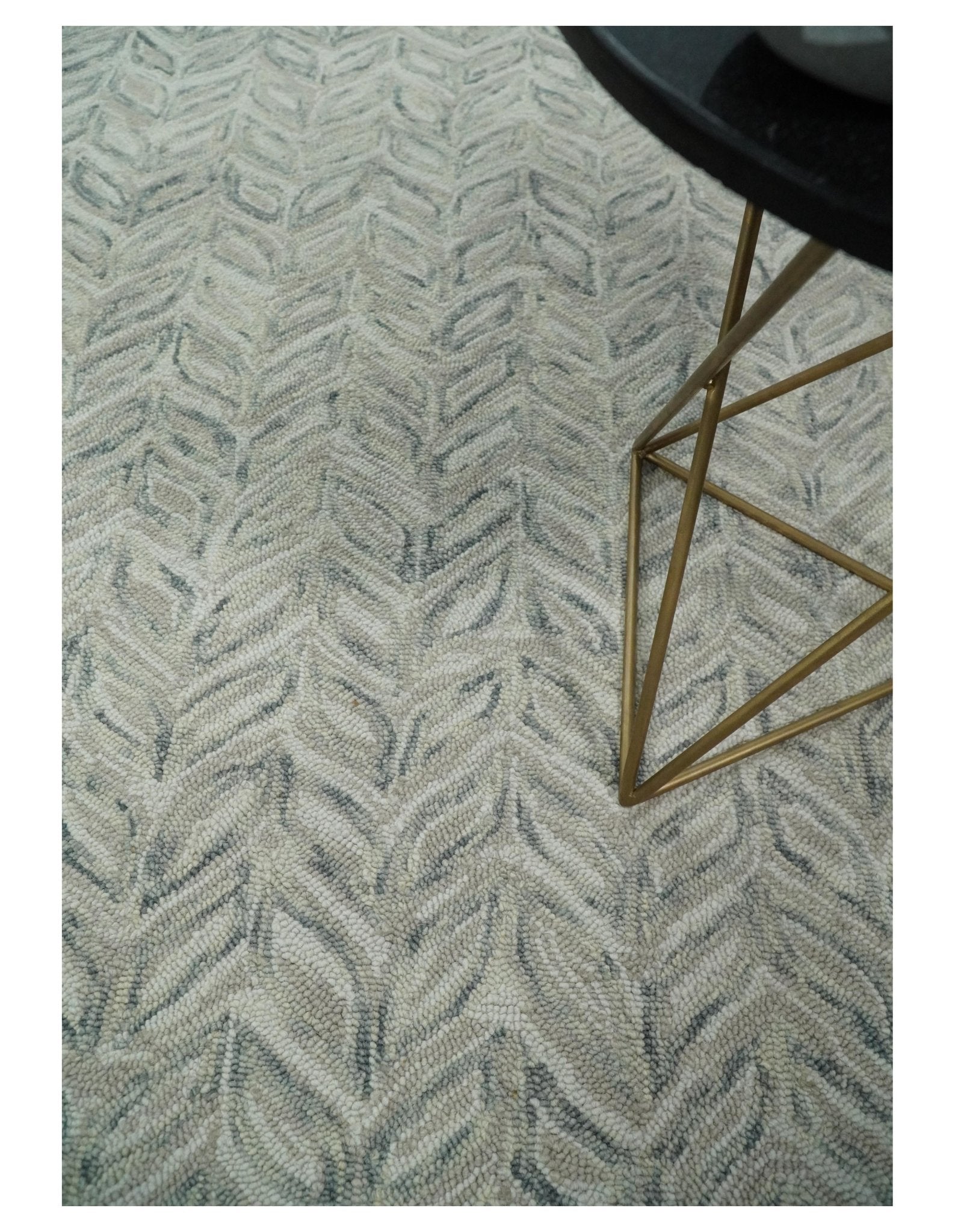 Custom Made Beige and Gray Leaf's Hand Tufted Modern Scandinavian Wool Loop Rug - The Rug Decor