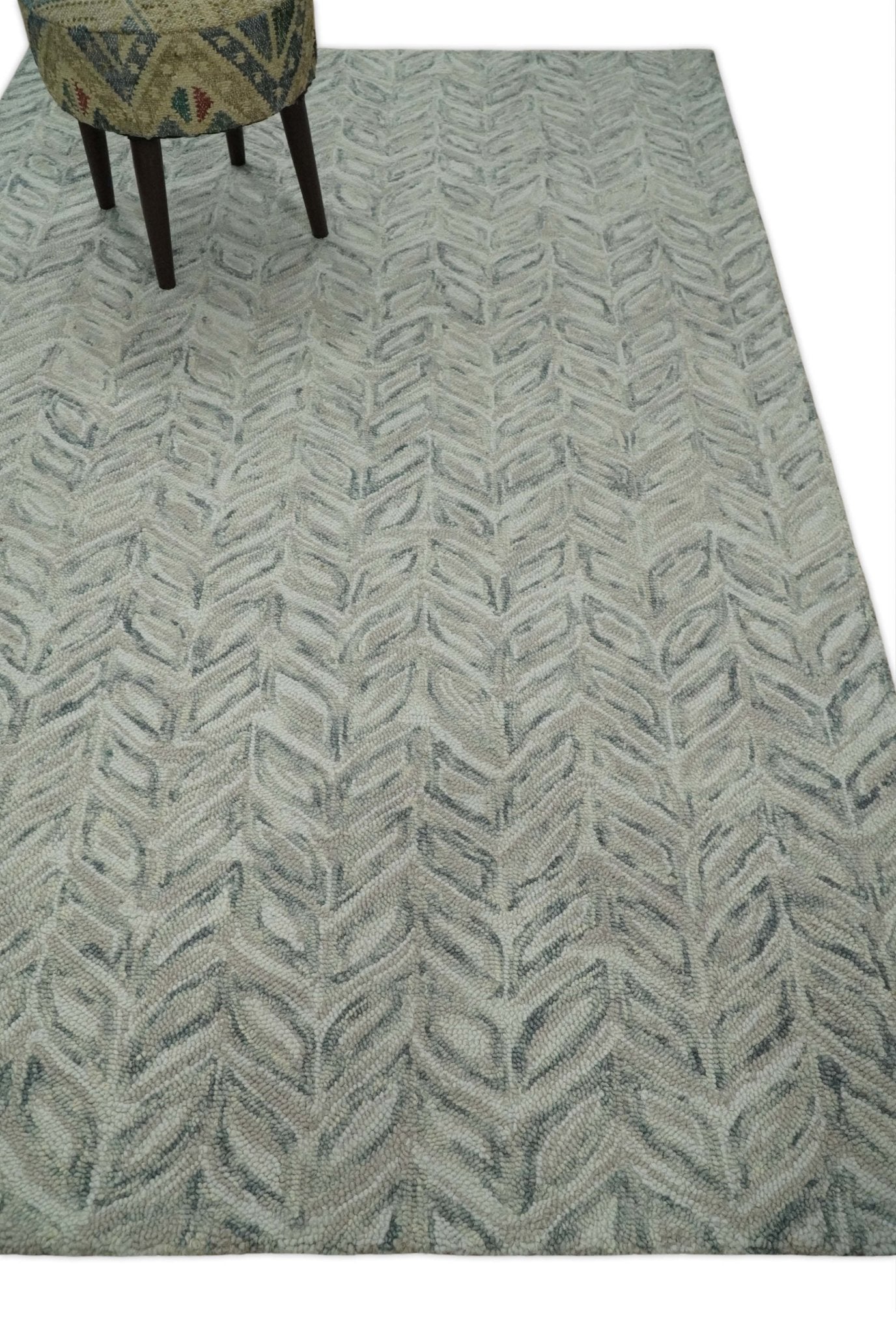 Custom Made Beige and Gray Leaf's Hand Tufted Modern Scandinavian Wool Loop Rug - The Rug Decor
