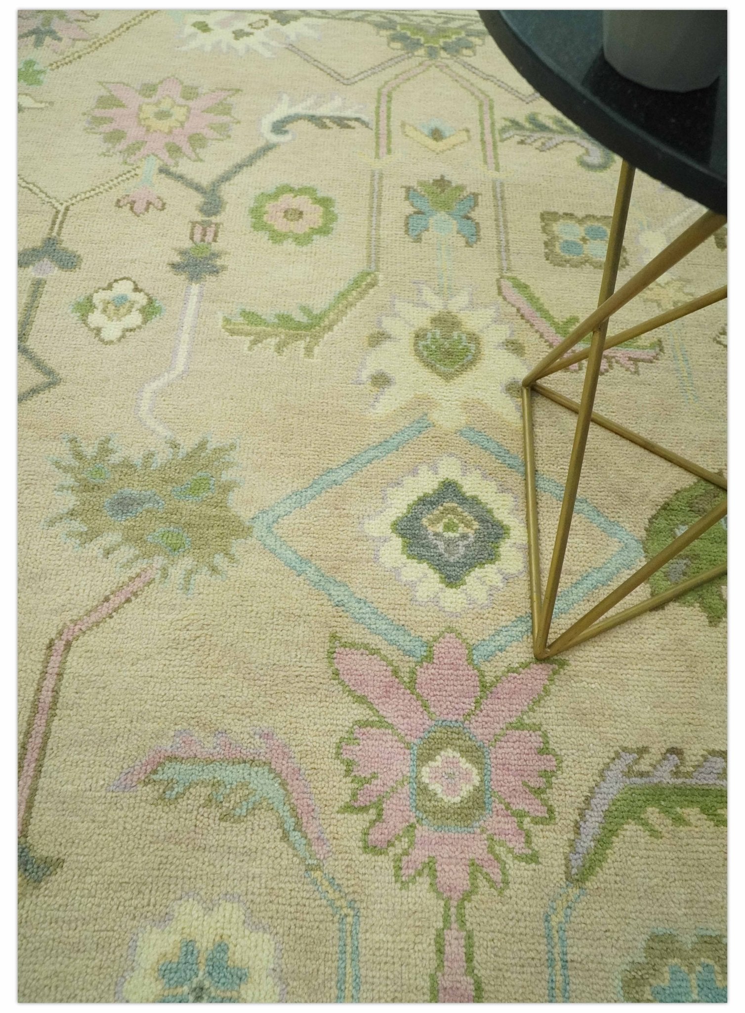 Custom Made Beige and Green Hand Knotted Traditional Oriental Oushak wool area rug - The Rug Decor