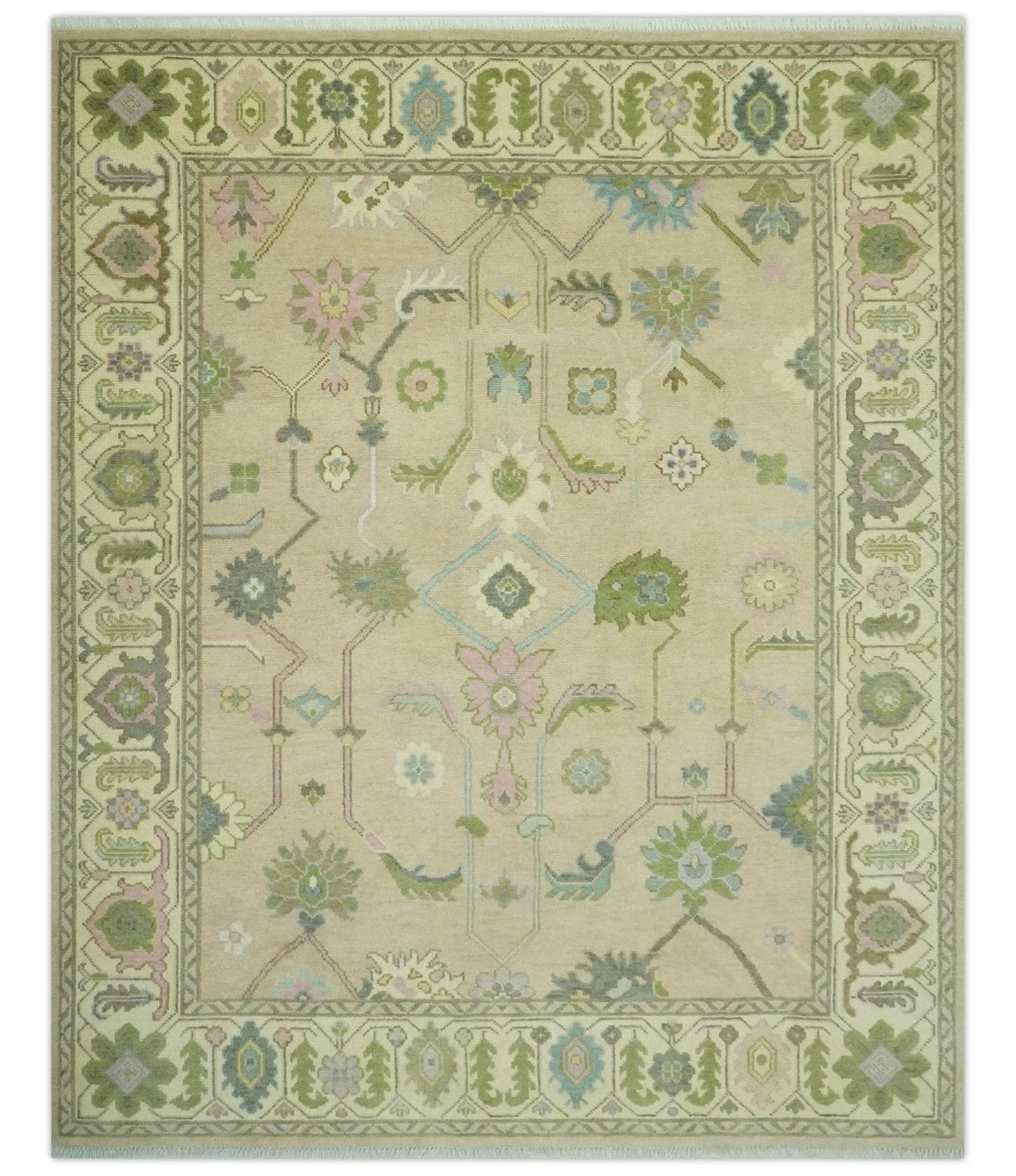 Custom Made Beige and Green Hand Knotted Traditional Oriental Oushak wool area rug - The Rug Decor