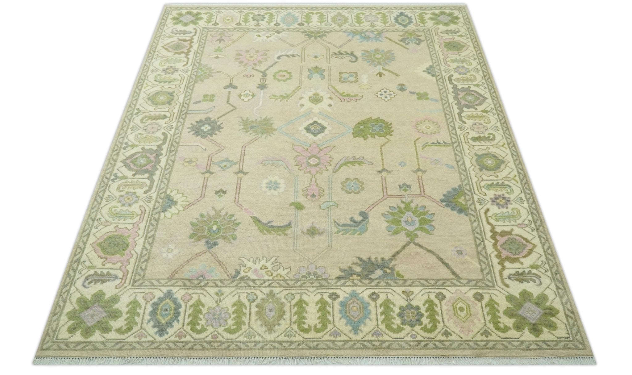 Custom Made Beige and Green Hand Knotted Traditional Oriental Oushak wool area rug - The Rug Decor