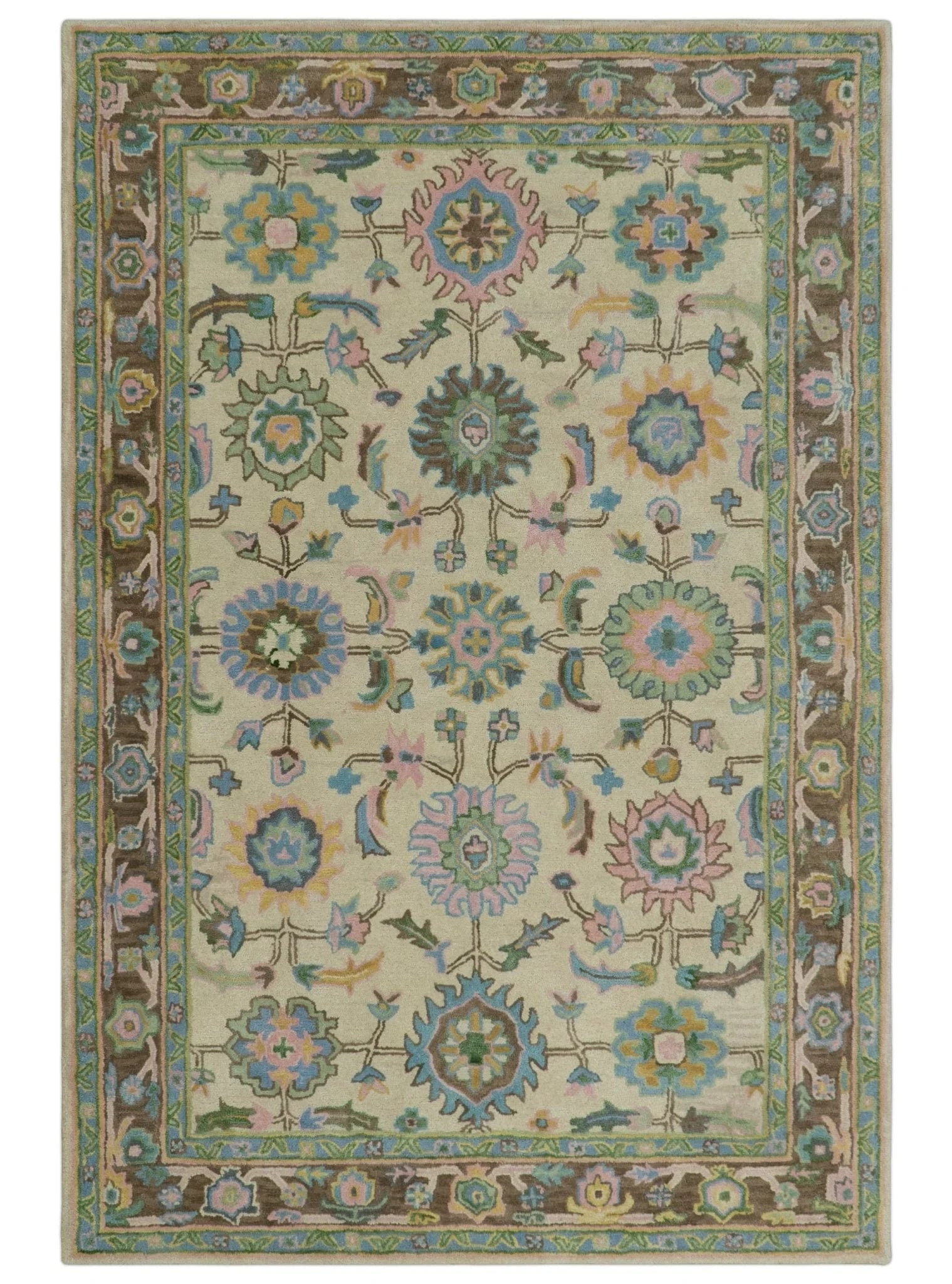 Custom Made Beige, Blue and Purple Traditional Floral Hand Tufted wool rug - The Rug Decor