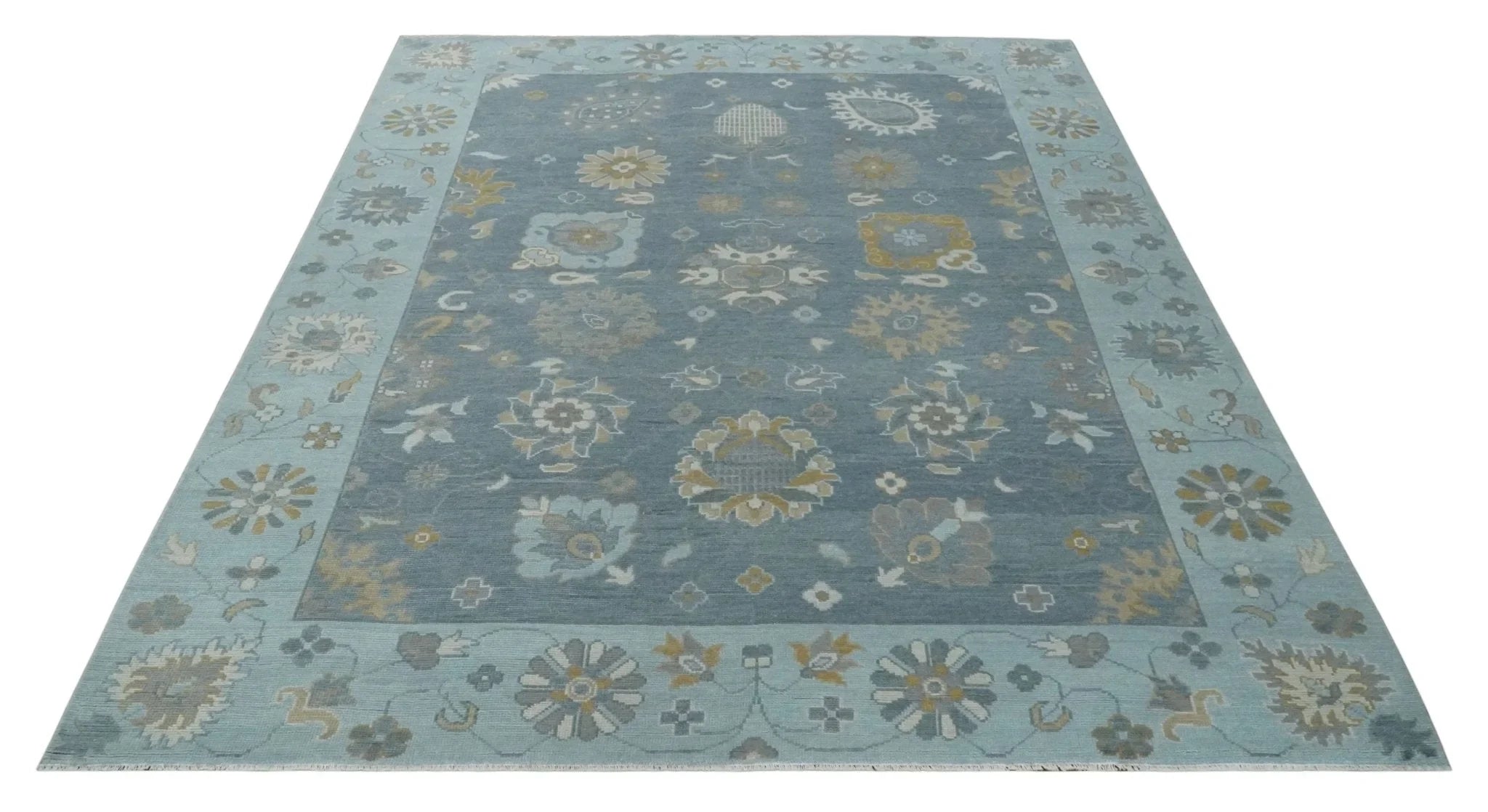 Custom Made Blue and Aqua Hand Knotted Traditional Oushak Wool Area Rug - The Rug Decor