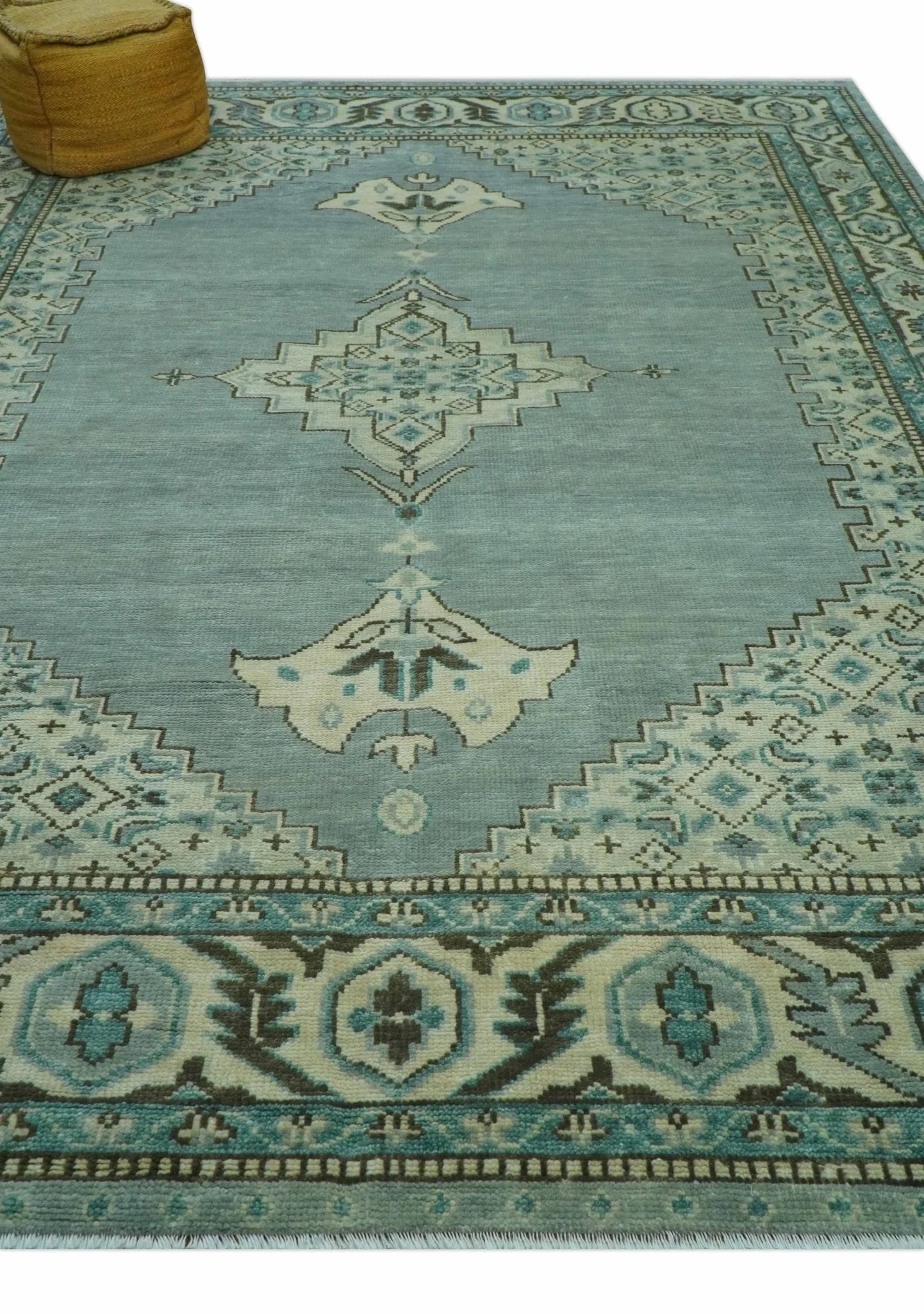 Custom Made Blue And Gray Traditional Medallion Hand Knotted Wool Rug - The Rug Decor
